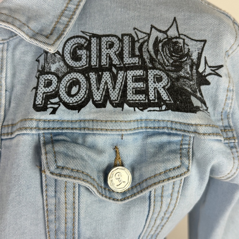 Blue Topic Women's Small Girl Power Comic Graphic Denim Jacket Light Wash - Picture 9 of 12